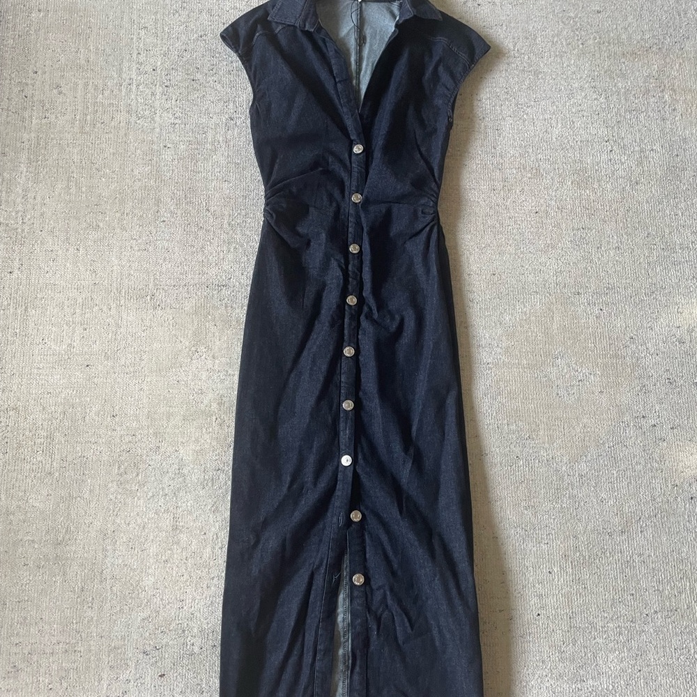 Zara Navy Blue Chambray Sleeveless Sheath Maxi Dress XS stretch lightweight